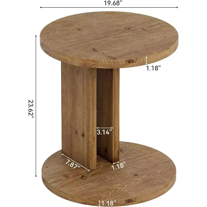 Lantine C-Shaped Solid Wood Round End Table, Farmhouse Accent Side Table for Sofa and Bedside, Living Room, Bedroom, Brown, Easy Assembly