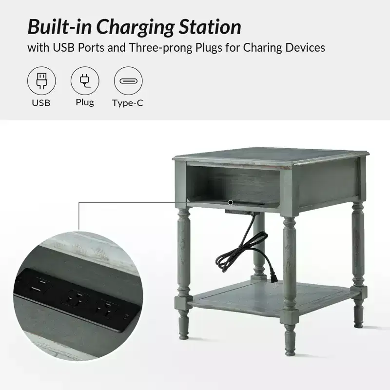 Alex 26 Tall 1 Drawer End Table Set of 2 with Built-in Charging Station|HULALA HOME