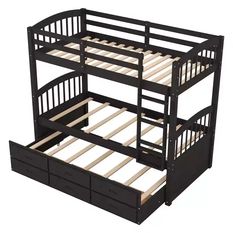 Twin over Twin Wood Bunk Bed with Ladder, Trundle & 3 Drawers – 400 lbs