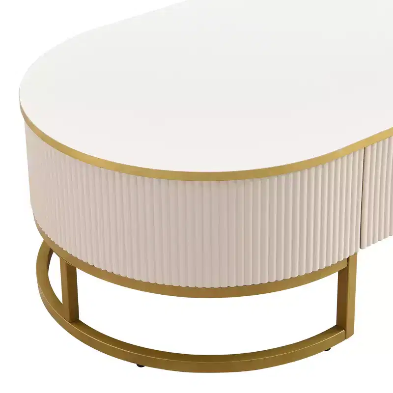 47W Modern Coffee Table Cocktail Table Center Table Accent Table with Drawers, Curved Profile Design, Gold Metal Leg, Oval, White+Gold-ModernLuxe