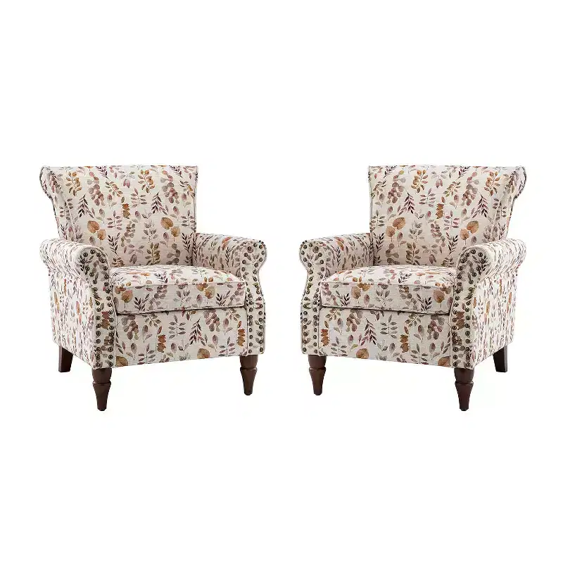Set of 2 Araceli Traditional Wooden Upholstered Floral Armchair with Wingback and Nailhead Trim| ART OF LIVING DESIGNS