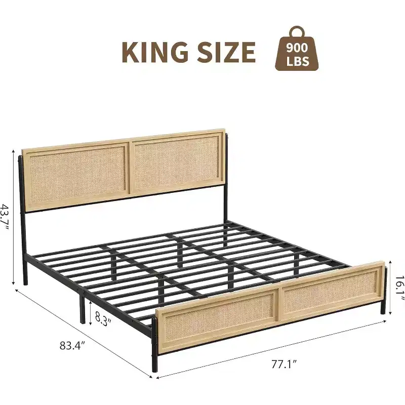 King Size Bed Frame with Rattan Headboard & Footboard, Boho Wooden Platform Bed, No Box Spring Needed, Noise-Free