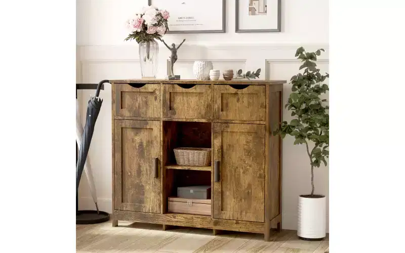 Zevemomo Modern Farmhouse Sideboard Buffet Cabinet with Drawer & Adjustable Shelf, Kitchen Storage & Coffee Bar Cabinet for Dining Room,Retro wood