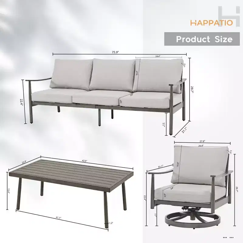 HAPPATIO Patio Outdoor Furniture Set,4 Piece Aluminum Patio Conversation Set with Coffee Table, Swivel Chairs and 3-Seat Sofa for Yard Deck Poolside