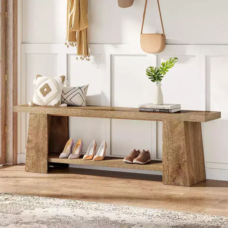2-Tier Entryway Bench, 59-inch Shoe Bench with Storage Shelves, Wood End of Bed Bench for Entryway, Bedroom, Living Room