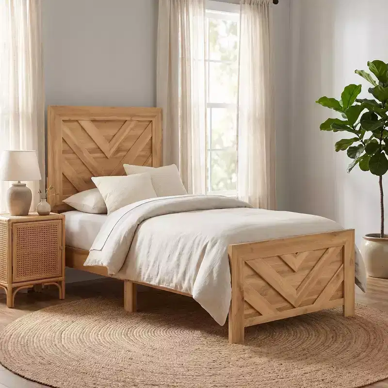 GDFStudio Hudson Rustic Wood Panel Bed Frame Chevron Pattern Headboard and Footboard
