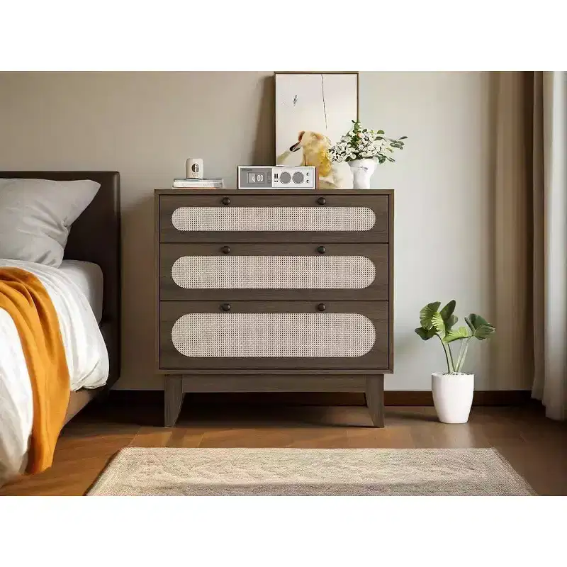 Rattan 3-Drawer Dresser - Modern Wood Storage Cabinet with Anti-Tip Kit for Bedroom, Closet, Living Room