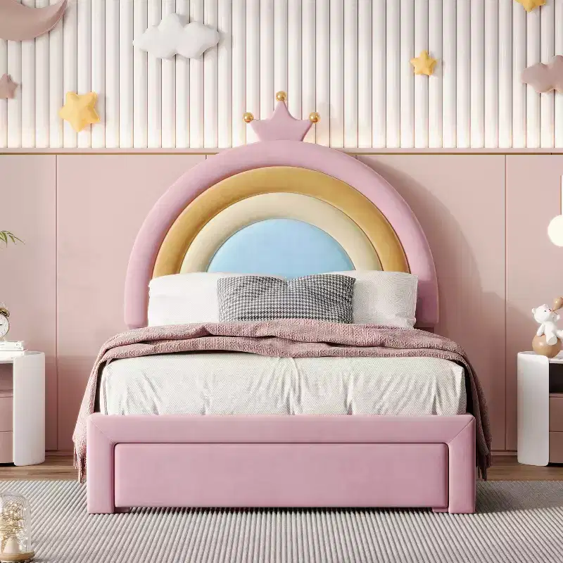 Twin Upholstered Rainbow Princess Bed with Storage Drawer, Velvet Platform Bed, Colorful and Pink