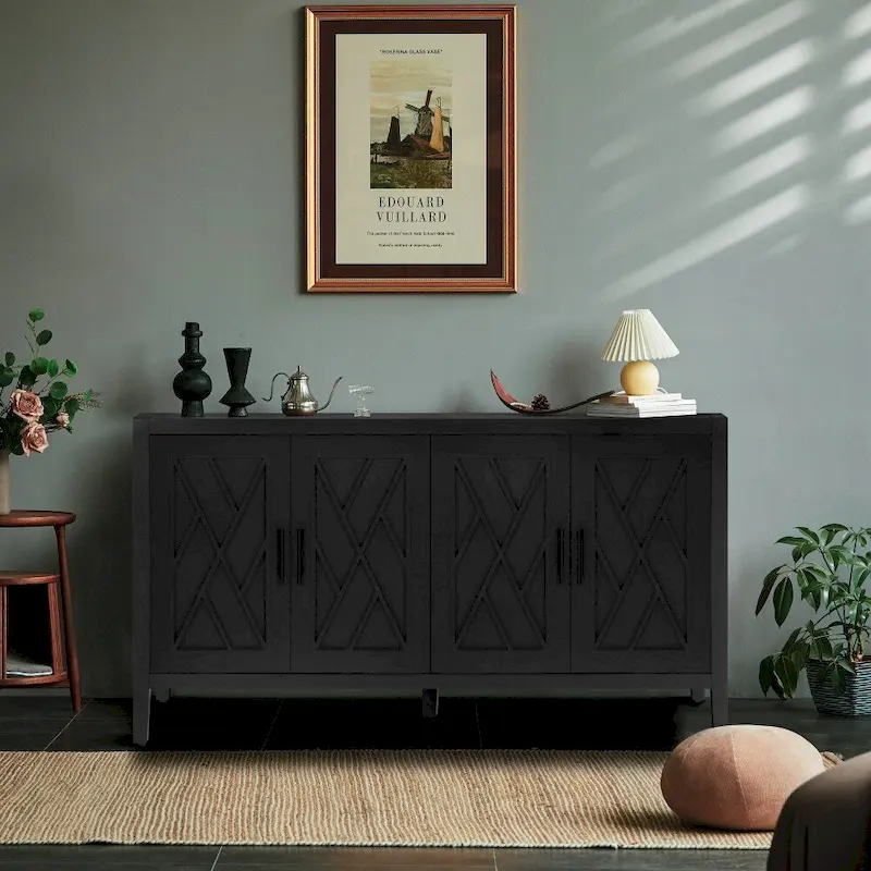 59.8in Vintage 4 Door Wooden Sideboard Living Room Entryway Cabinet