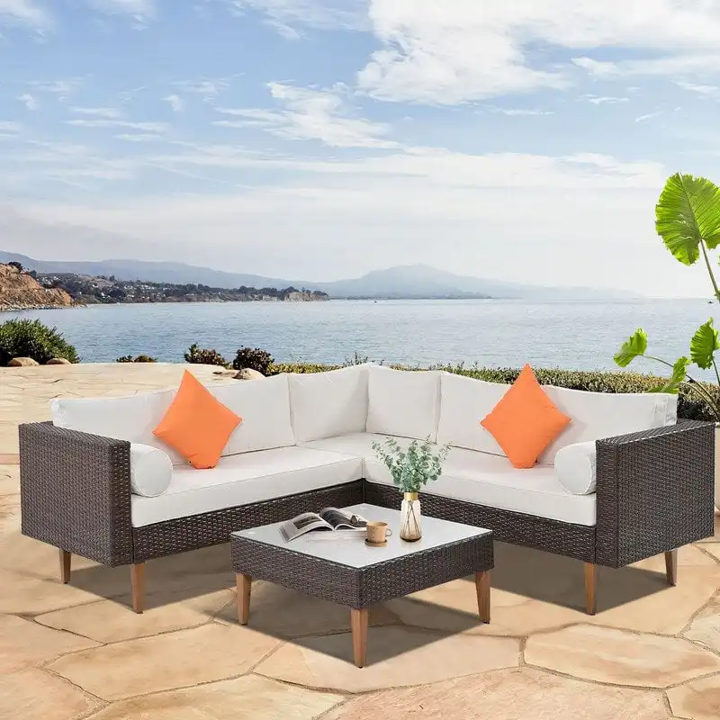 4-pieces Outdoor Patio Wicker L-shape Sofa Set with Pillows