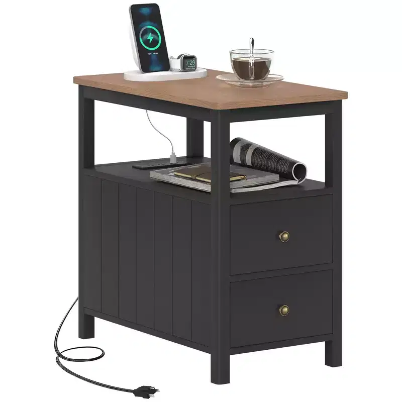 Narrow End Table with Charging Station, USB Ports, Drawers & Shelf, White/Brown