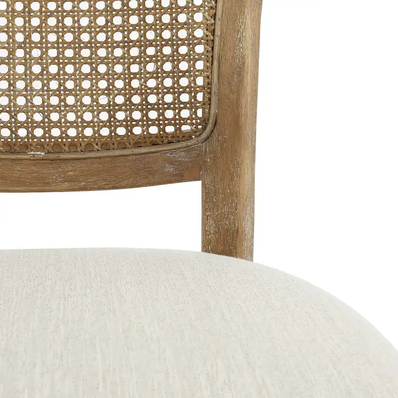 Farmhouse-style rubberwood dining chairs with rattan backrests (two chairs per set).