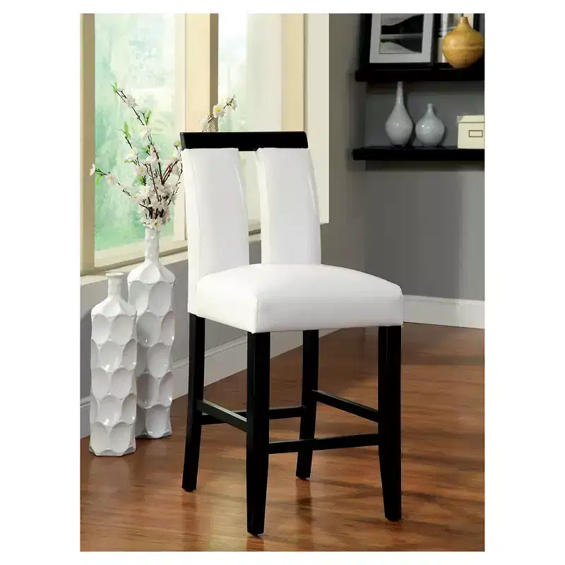 Set of 2 White Faux Leather Padded Counter Height Barstools with Open Slit Back, Black/White