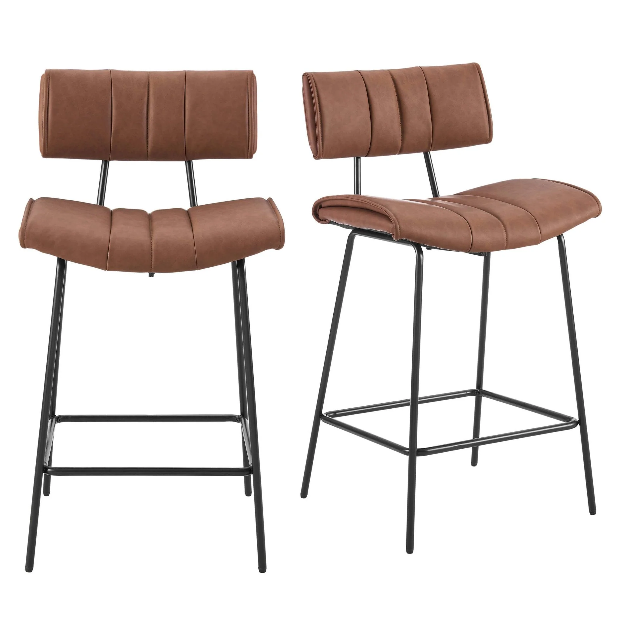 Retro Tan Faux Leather Barstool with Sculptural Curved Back for Kitchen