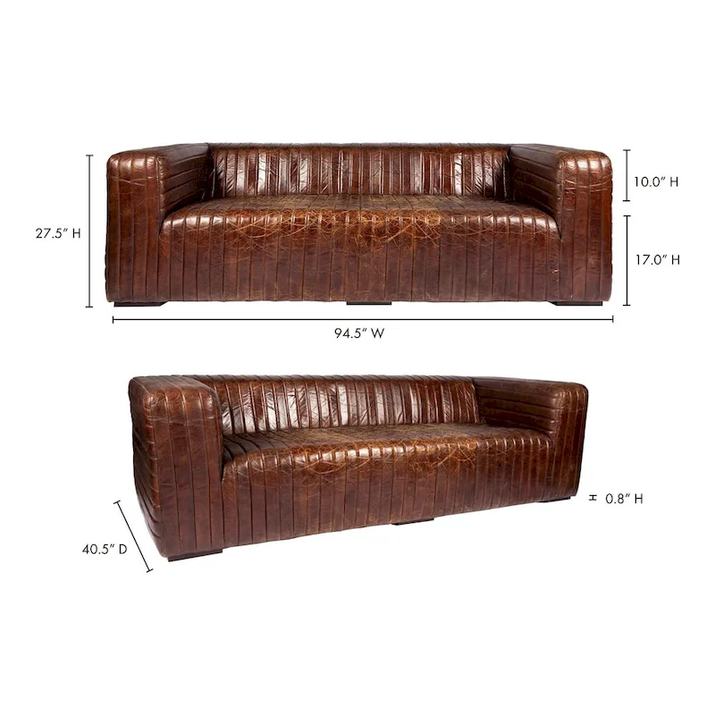 Modern Channel-Stitched Top-Grain Leather Sofa, 3-Seater