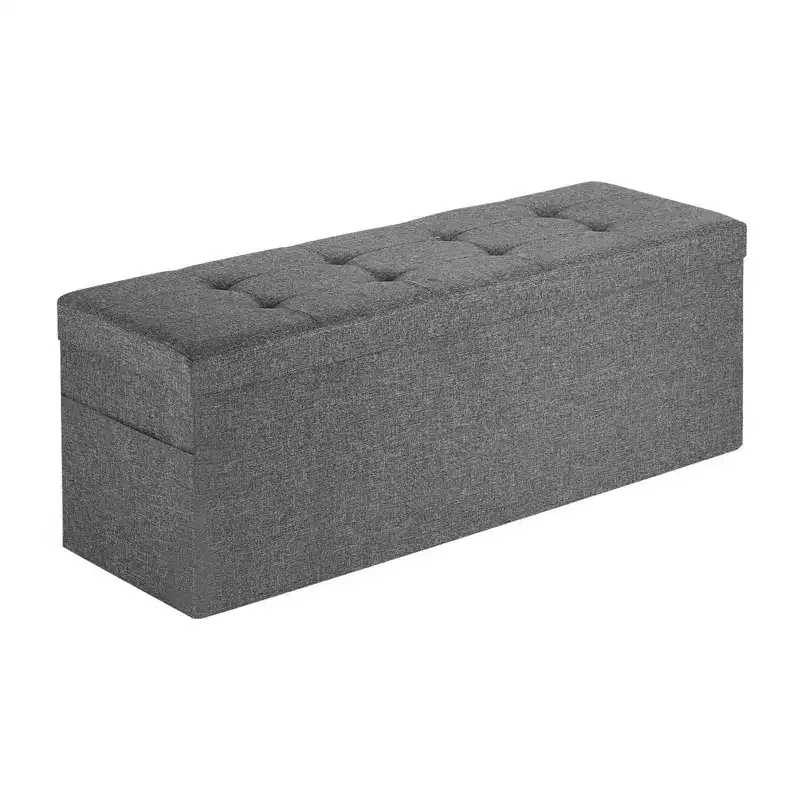 VIYET 45 Grey Foldable Storage Ottoman Bench, 660LBS Linen Bench with Side Bags for Bedroom/Entryway/Living Room
