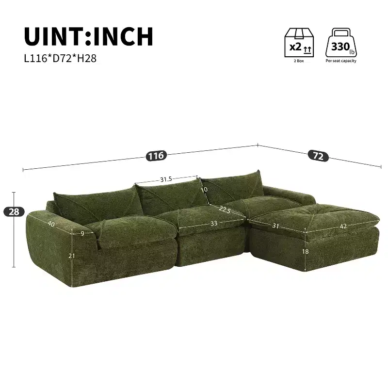 Whisen 116 Modular 4-Seat Sofa Bed, Spacious Foam Filled, Elderly/Baby Safe, No Assembly, Free Combination