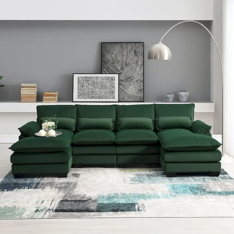 110*55  Modern U-Shaped Sectional Sofa with Waist Pillows,6-Seat Upholstered Symmetrical Sofa Furniture