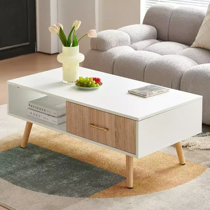 MAYEERTY Coffee Table Rectangle with Sliding Drawer for Storage White