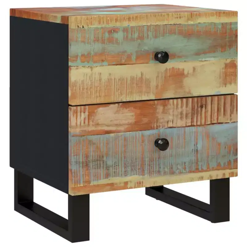 Industrial Bedside Cabinet with Reclaimed Wood & Iron Legs, Multicolour