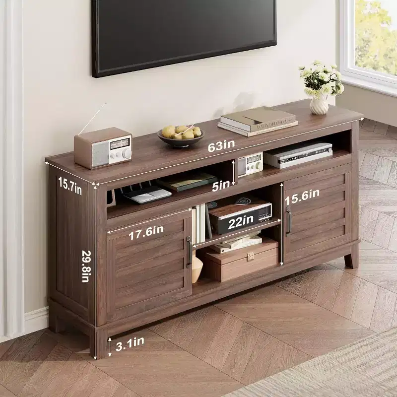 Farmhouse TV Stand for 63 TVs, Entertainment Center with Storage Cabinets & Shelves, Cabinet Doors for Living Room or Bedroom