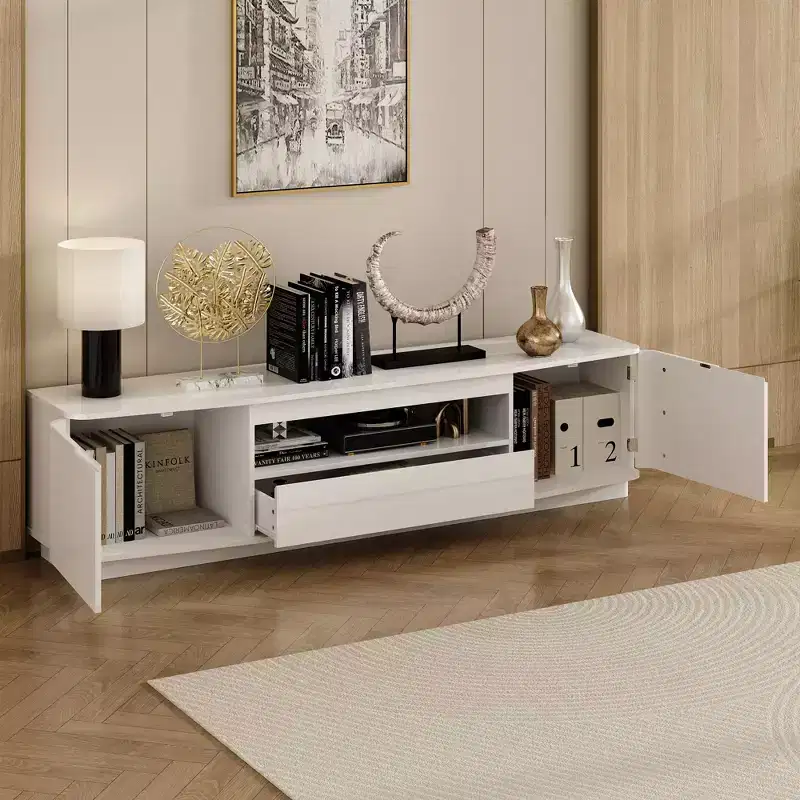 White Glossy TV Stand with Rounded Corners, 2 Cabinets & Drawer – Fits up to 70