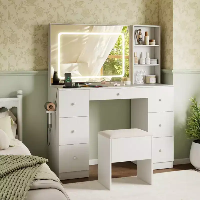 Okak Stylish Vanity Desk with Mirror, Makeup Vanity with Padding Storage Stool, Dressing Table with Adjustable Mode for Living Room, White