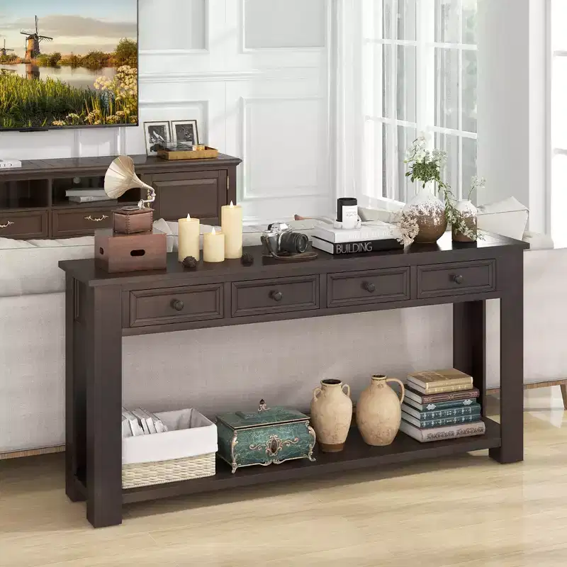63 Farmhouse Entryway Table with 4 Storage Drawers and Open Shelf Espresso
