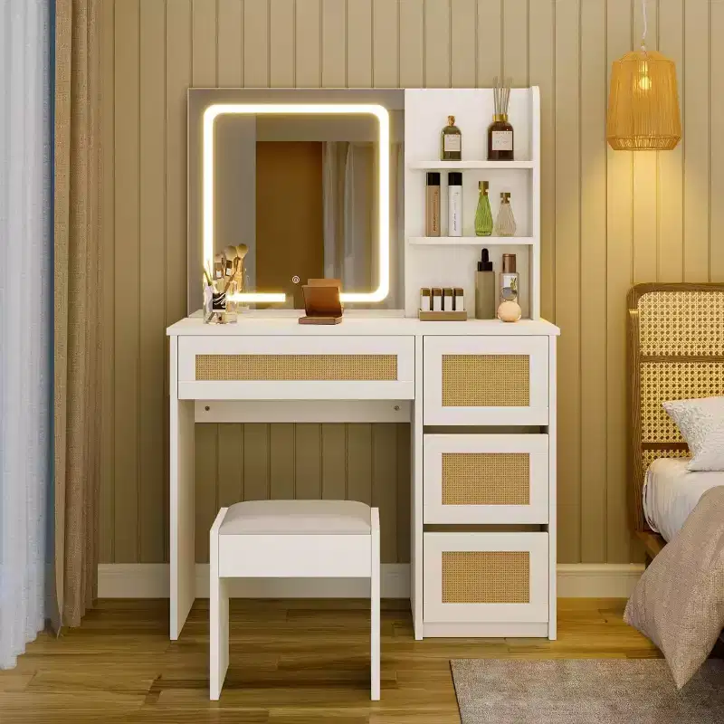 Rattan Vanity Desk in White, Makeup Vanity with Adjustable LED Mirror, 4 Drawers & 2-Tier Open Shelves, Modern Dressing Table for Bedroom