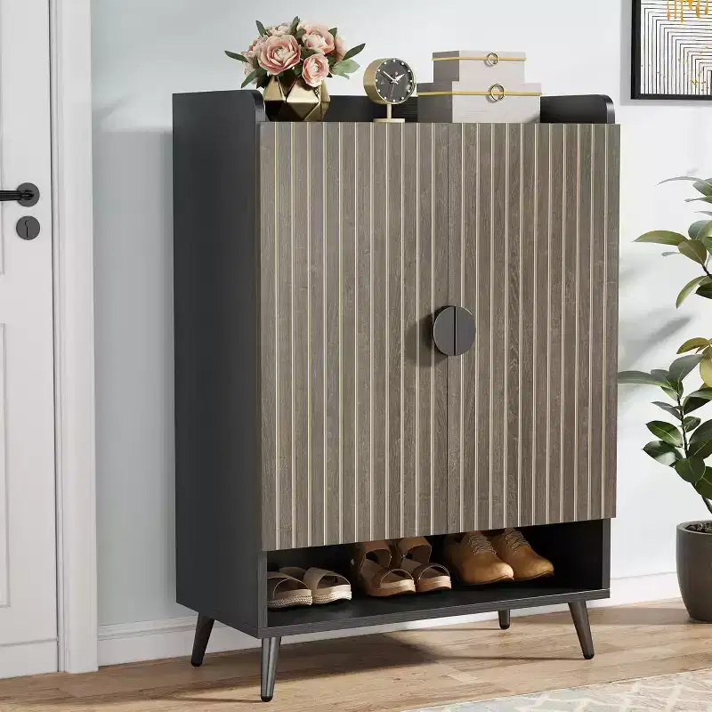 Shoe Cabinet with Doors, 7-Tier Shoes Rack with Adjustable Shelves, Wooden Shoe Storage Organizer for Entryway, Closet, Living Room, Gray
