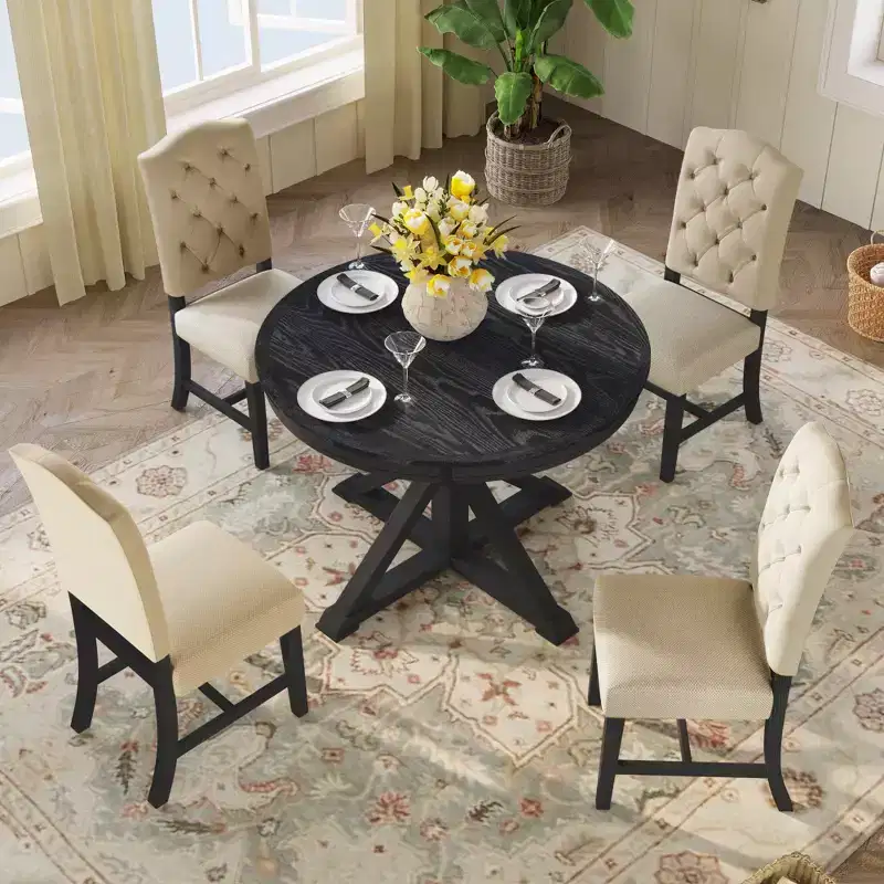Whisen Retro Style Dining Table Set with Extendable Table and 4 Upholstered Chairs