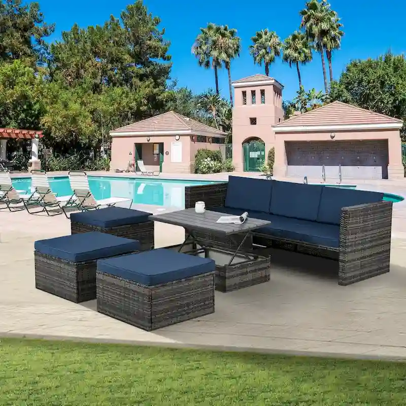 5-Piece PE Wicker Patio Furniture Set: Adjustable Sofa & Coffee Table