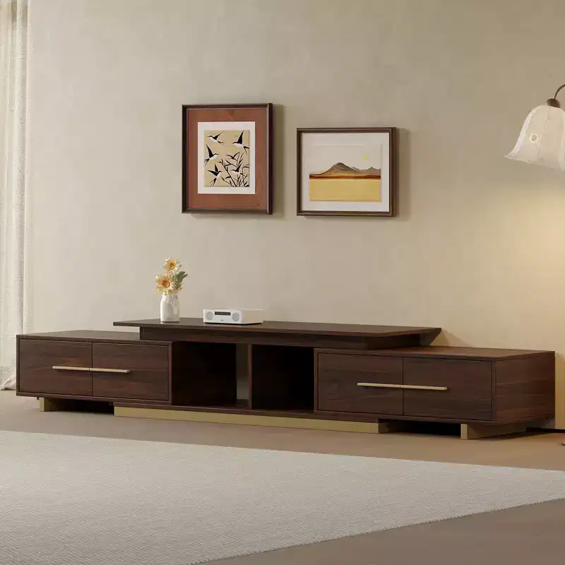 63.4-94.5 Extendable TV Stand for TVs up to 100 Inches, Mid-Century Modern Media Console with Walnut Finish, Stainless Steel Base for Living Room