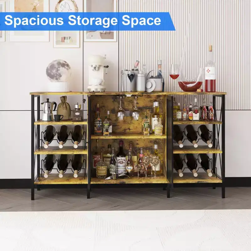 Farmhouse Wine Bar Cabinet, Industrial Coffee Bar Sideboard with Wine Rack and Glass Holder