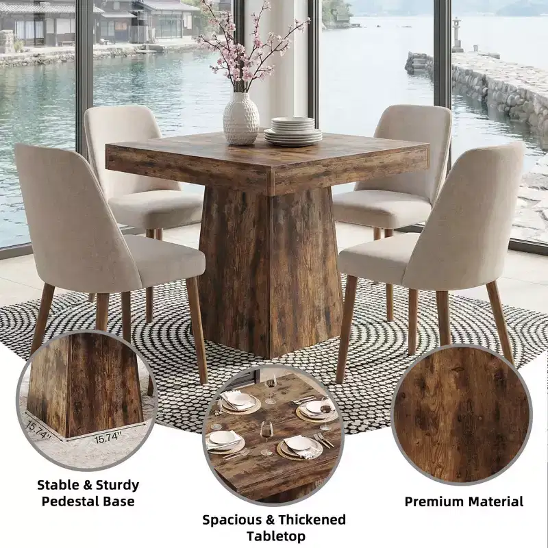 MAYEERTY 31.5 Grey Farmhouse Square Dining Table, 4-Person Sturdy Pedestal Kitchen Table