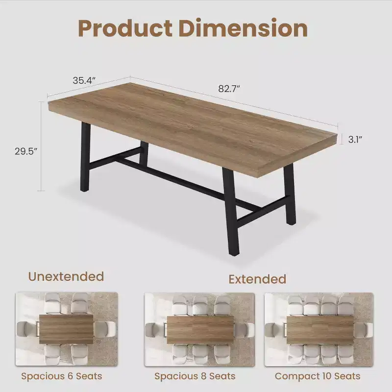 Extendable Dining Table, Industrial Rectangular Dining Room Table, Metal Frame, for Dining Room, Kitchen