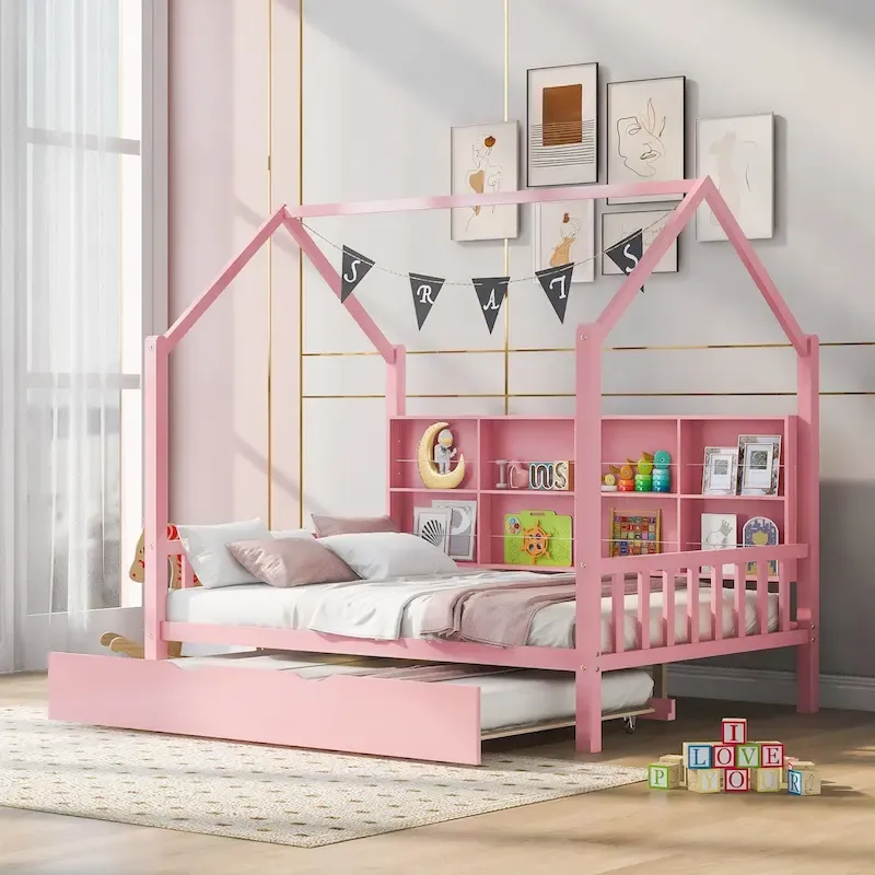 Full Solid Wood House Day Bed with Trundle