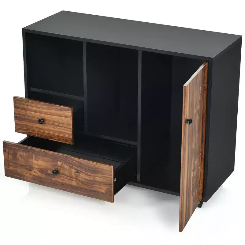Brown & Black Rolling File Cabinet with 2 Drawers & Open Shelves, 1-Person Assembly