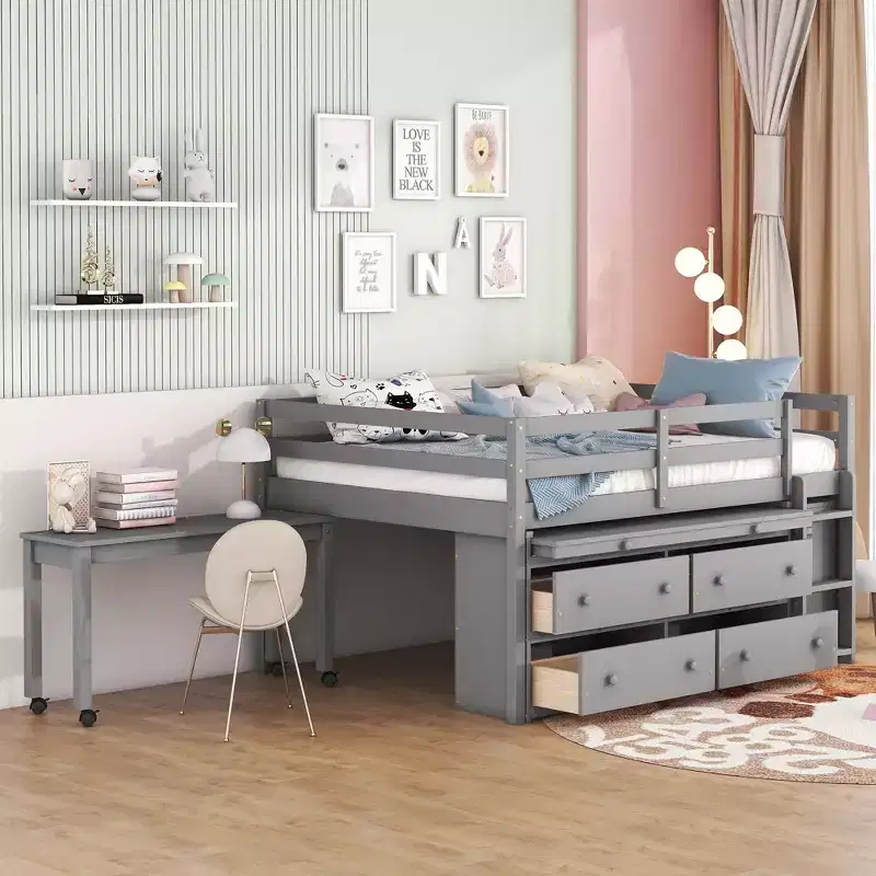 Whisen 76L x 41.8W Twin Size Loft Bed with Retractable Writing Desk and 4 Drawers, Lateral Portable Desk and Shelves