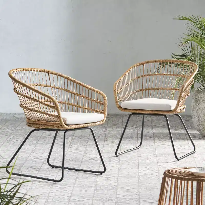 Okak 16 Boho Industrial Patio Accent Chairs Club Chairs with Cushion,Set of 2,Outdoor Wicker Rattan Dining Chairs,Modern Patio Furniture Seating