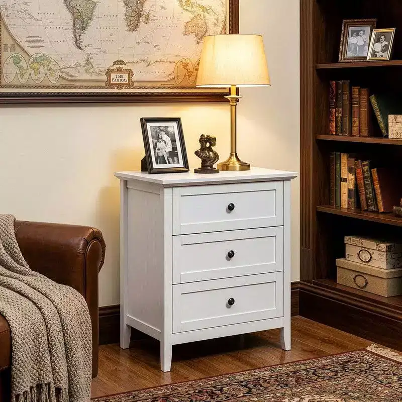 24 Inch Nightstand with 3 Drawers & Built-In USB, Type-C & AC Outlets, MDF, White