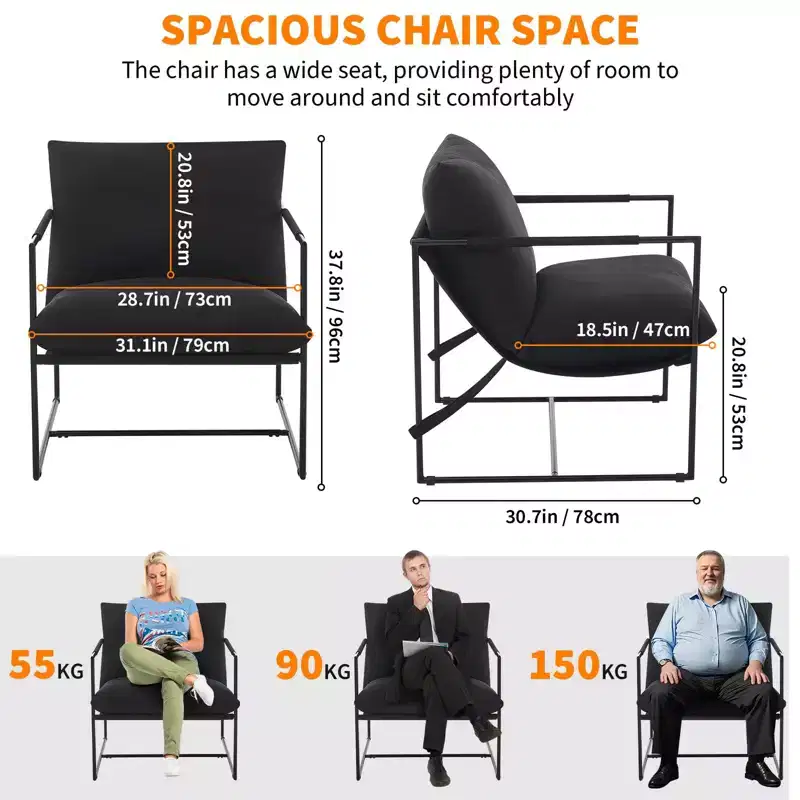 Sling Accent Chair with Metal Frame, Upholstered Living Room Chair with Foam Cushioning