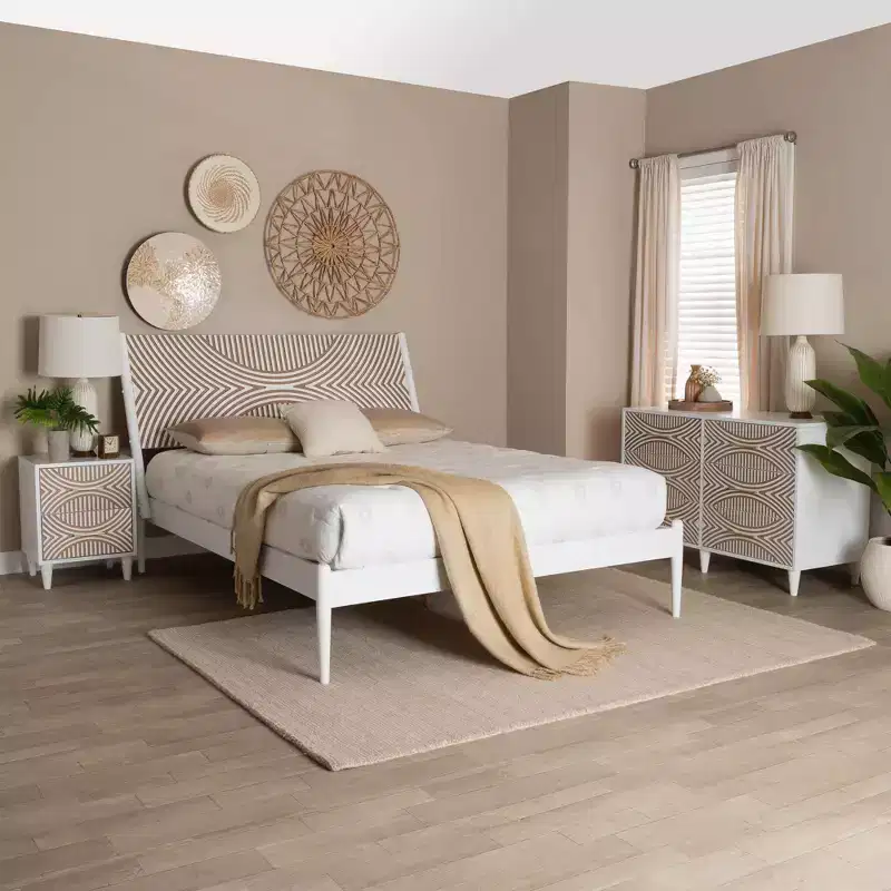 Baxton Studio Queen 3pc Louetta Carved Contrasting Bedroom Set White/Natural Brown