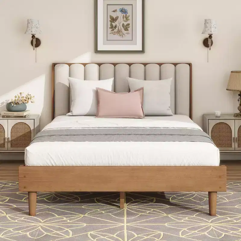 Queen Upholstered Platform Bed with Piano Key Headboard and Solid Pine Frame - Wheat