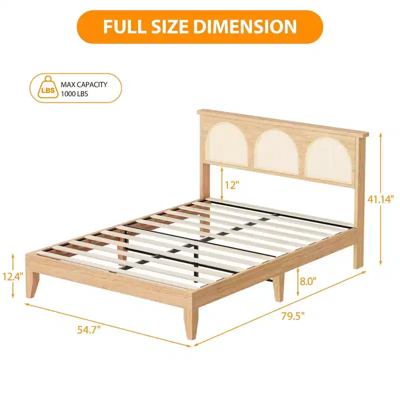 Solid Wood Bed with Natural Rattan Headboard & LED Lights, No Box Spring Needed, Storage Underneath, Sturdy Noise-Free Bed Frame, Easy Assembly