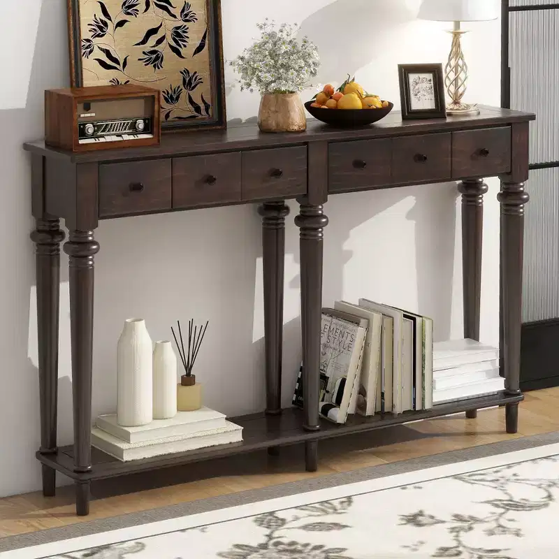 59.8IN Retro Entryway Table with 4 Drawers, Narrow Console Table with Open Shelves, Hallway Table for Living Room, Foyer, Espresso