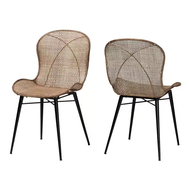 bali & pari Sabelle Japandi Greywashed Rattan and Metal Dining Chair Set