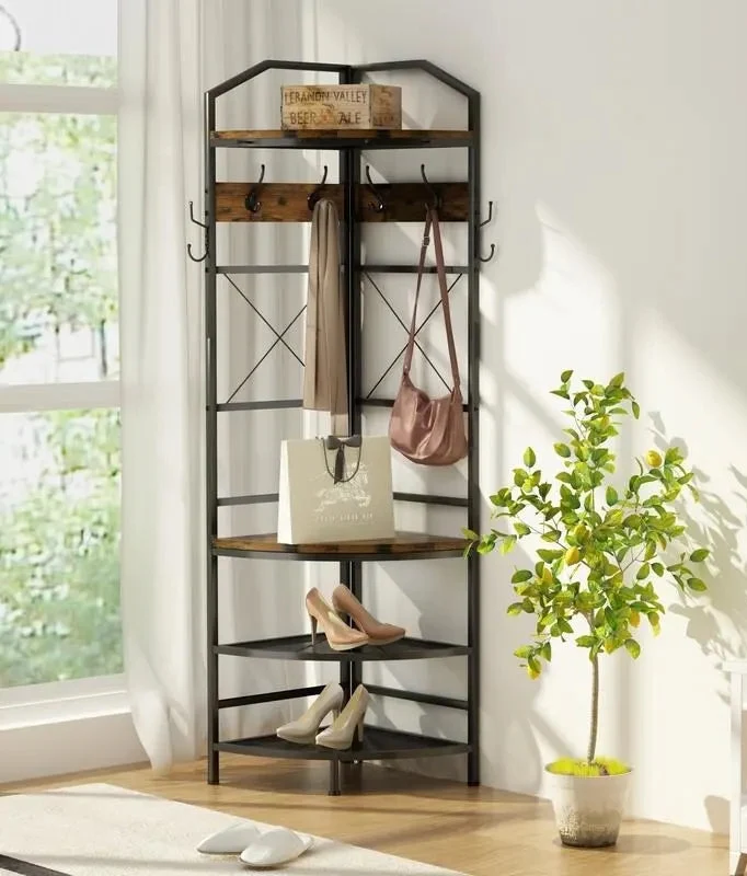 Entryway Corner Hall Tree with Shoe Rack, Coat Rack with 6 Double Hooks, Home Organizer for Entryway, Hallway, Closet, Bedroom