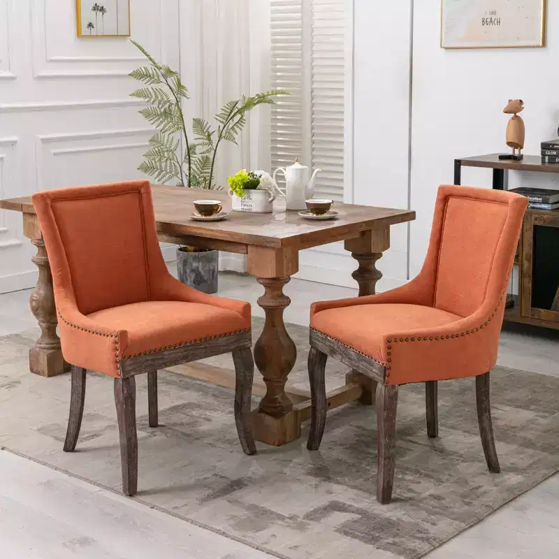 Okak Retro Dining Chairs Set of 2, Comfy Fabric Chairs with Thick Cushions, Kitchen Side Chairs with Solid Wood Legs Bronze Nail Head