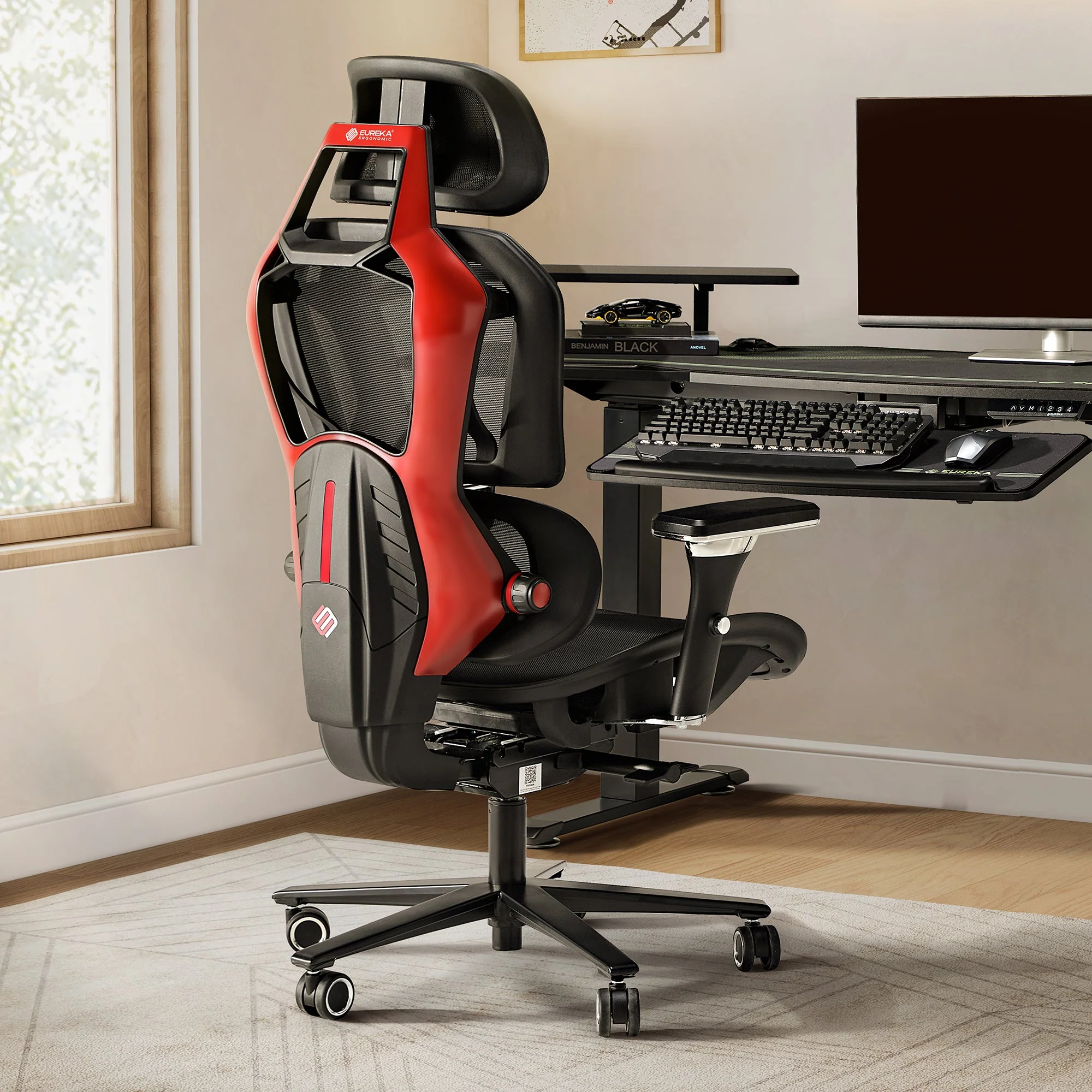 Racing-Style Gaming Chair with Headrest and Lumbar Pillow, Black and Red